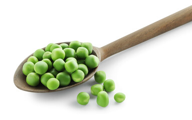 Spoon with fresh green peas isolated on white