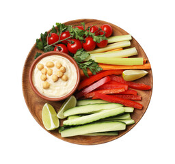 Tasty homemade hummus with chickpeas and different vegetables isolated on white, top view