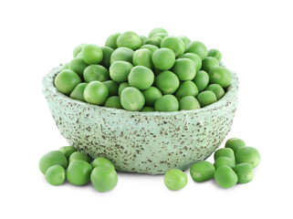 Fresh green peas in bowl isolated on white
