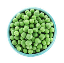 Fresh green peas in bowl isolated on white, top view