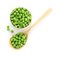 Fresh green peas in bowl and spoon isolated on white, top view