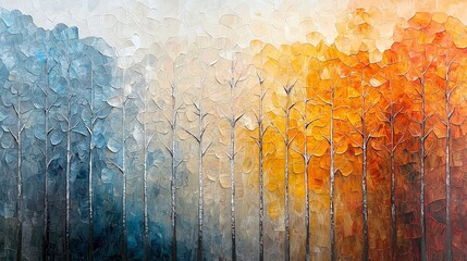 Abstract painting of a forest with blue, gray, and orange trees.  A vibrant depiction of nature.