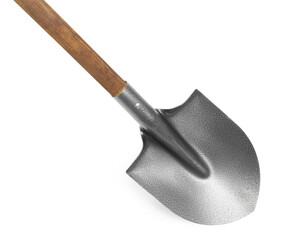 Metal shovel with wooden handle isolated on white, top view