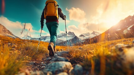 Obraz premium A hiker exploring a scenic mountain trail, surrounded by the beauty of nature, with rugged mountains rising in the background. 
