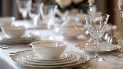 Elegant dining table set with white plates, bowls, and glassware, perfect for a formal dinner or special occasion.