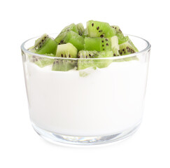 Tasty yogurt with fresh kiwi in glass isolated on white