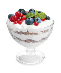 Tasty yogurt with fresh berries and mint in glass dessert bowl isolated on white