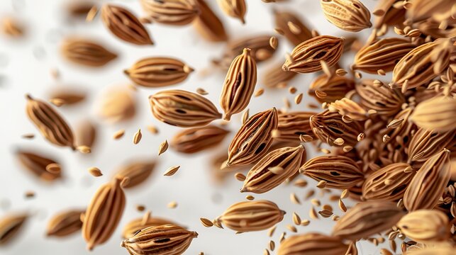 Vibrant Cumin Seeds Splashing on White Background - Culinary Spice Concept with Motion Effect