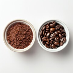 Fototapeta premium Ground Coffee and Whole Beans in Bowls