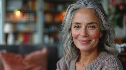 Obraz premium Portrait, Beautiful Smiling Mature Woman with Silver Hair at Home Relaxing in Living Room