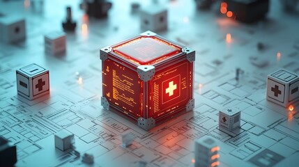 Fototapeta premium Glowing 3D Medical First Aid Box with Data and Tech Icons on Minimalist Background