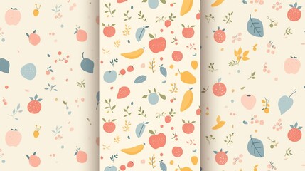 A cute and simple abstract fruit pattern design featuring fruits, in pastel colors, the pattern has symmetrical shapes and clear details. Suitable for children's designs.
