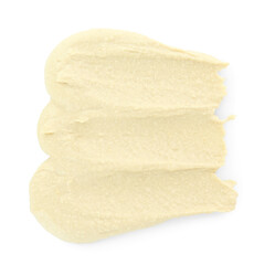 Sample of delicious hummus isolated on white, top view