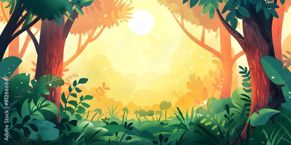 Wall mural Green Forest Background Illustration with Sun