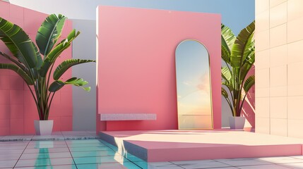 Pink Minimalist Room with Pool and Mirror