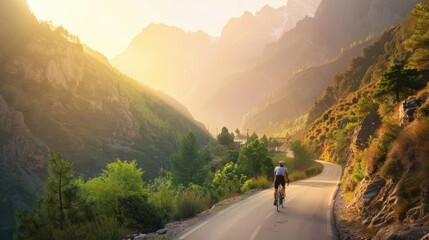 Obraz premium Cyclist riding through a scenic route, with the emphasis on the bike and landscape