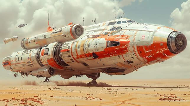 Vintage Sci-Fi Spaceship Taking Off From a Desert Planet, Alien Transportation Concept
