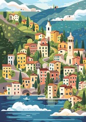 Beautiful Landscape Illustration of a Coastal Village