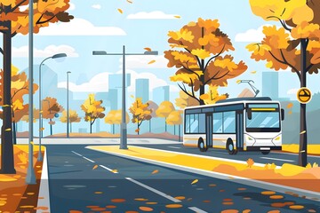 Obraz premium Autumn City Street With Bus In The Background