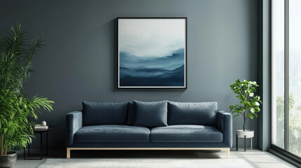 A large blue couch sits in front of a framed painting of a blue ocean