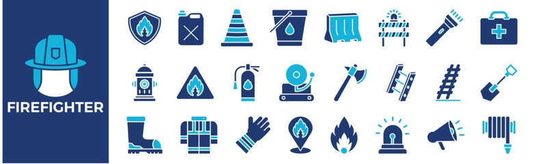 Firefighter icon collection set. Containing design, firefighter, danger, helmet, safety, emergency and more. Solid vector icons collection.	