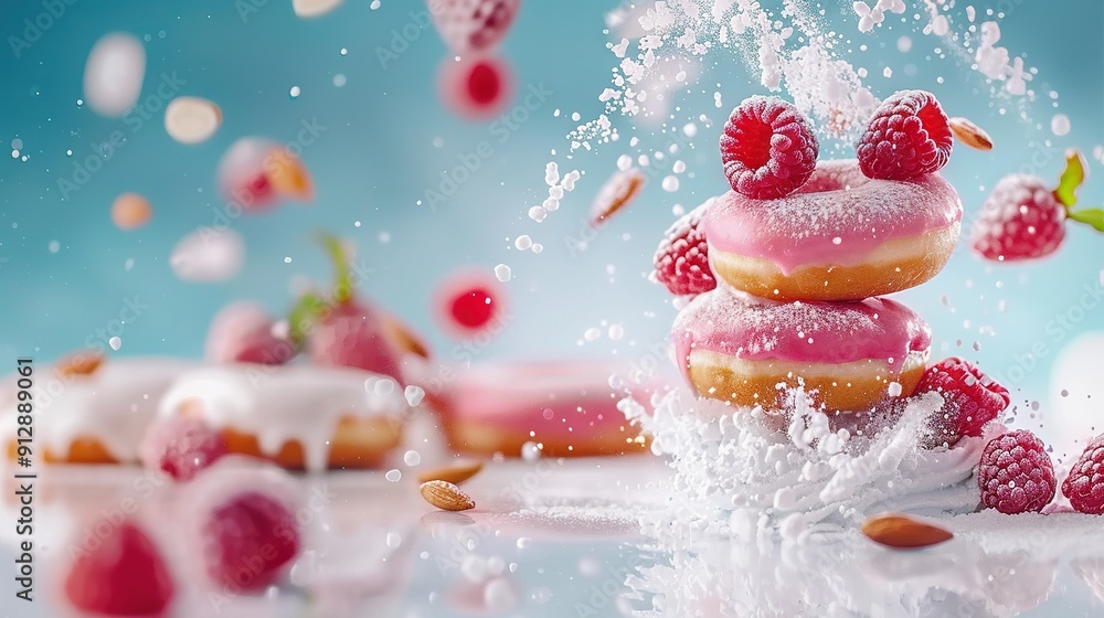 Poster doughnuts piled high on a table dusted with raspberry-powdered sugar