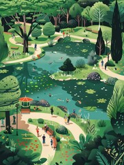 Vibrant park scene with people strolling around a tranquil pond surrounded by lush greenery and scenic paths on a sunny day.
