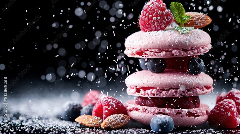 Poster close-up of a doughnut tower adorned with raspberry toppings and covered in powdered sugar, with eac