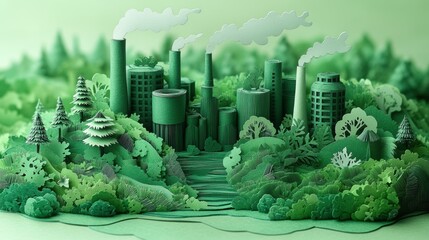 Abstract Paper Art Sustainable Factory with Green Roofs and Recycling Symbols