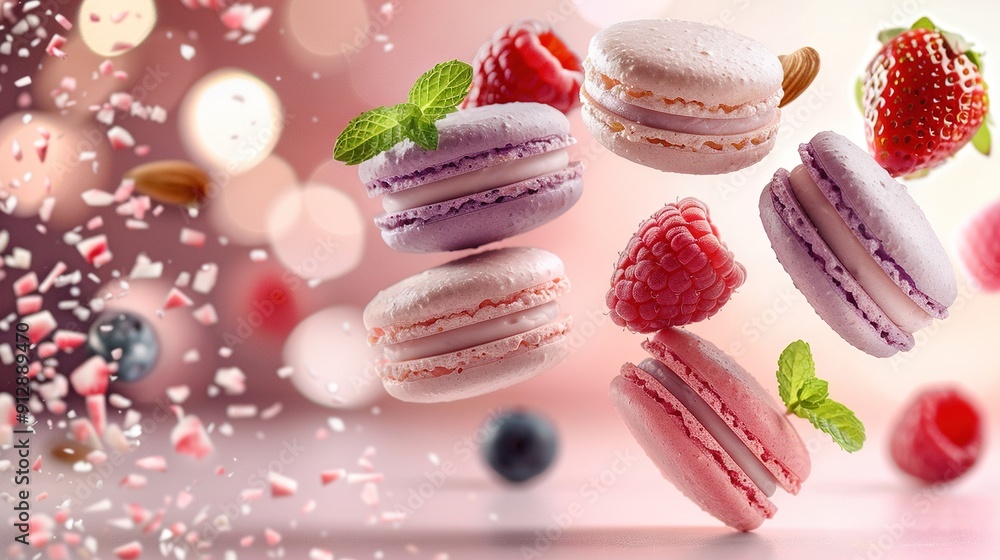 Poster a group of macaroons in flight, topped with a strawberry and a raspberry