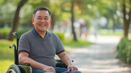 MiddleAged Thai Man in Wheelchair Smiling Outdoors, Summer Park, Inclusivity, WellBeing, Stock Photo for Diversity