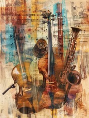 A vibrant collage of musical instruments with abstract background, featuring a violin, saxophone, and clarinet emphasizing the essence of music and art.