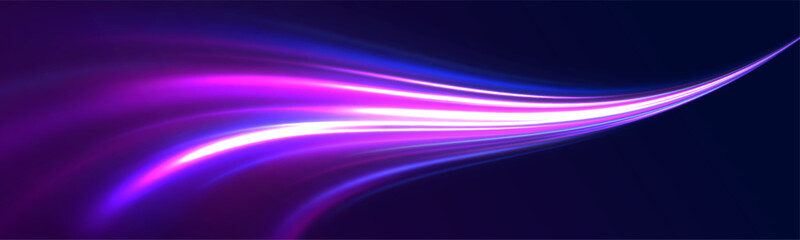 Light motion effect, slow shutter of traffic. High tech concept with luminous arrows moving to side. Speed connection vector background. Neon color glowing lines.