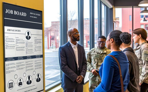 Diverse group of veterans review vacancies on job board with professional job fair advisor. Concept of program community reintegration and social support military. Employment options, opportunities