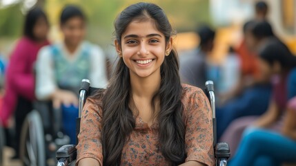 Smiling Indian Teenage Girl in a Wheelchair at an Outdoor Community Event Diversity and Inclusion Concept