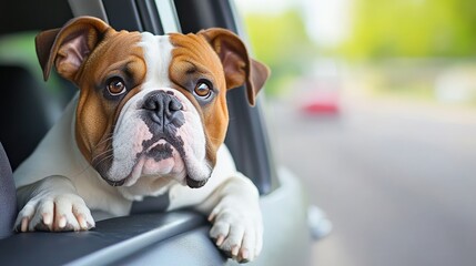 A dog is looking out the window of a car