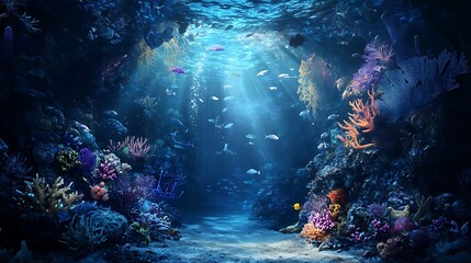 Naklejka premium Underwater Scene with Sunbeams Illuminating Coral Reef and Fish