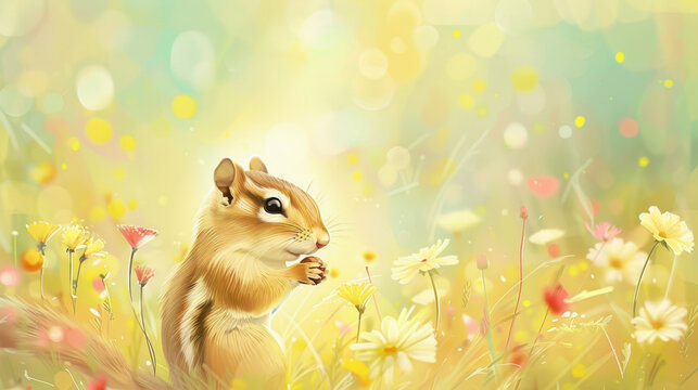 Illustrated chipmunk sitting in a bright wildflower meadow, surrounded by colorful flowers and bathed in sunlight