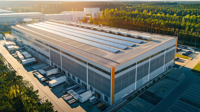 Aerial view of warehouse with solar panels on roof.