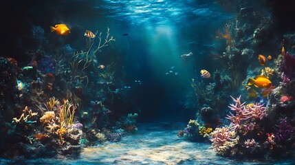 Obraz premium Underwater Scene with Colorful Fish and Coral Reef