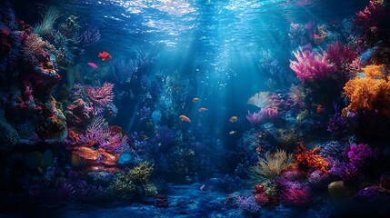 Obraz premium Vibrant Underwater Coral Reef with Sunbeams and Fish