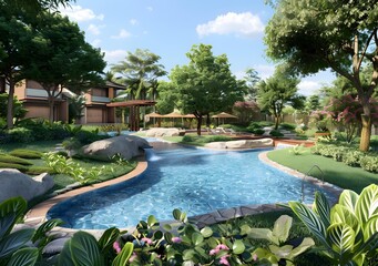 Tropical Resort Pool with Waterfall and Lush Greenery