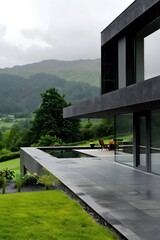 Modern Black House with Swimming Pool and Mountain View