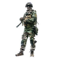 Soldier wearing camouflage is holding gun magazine on white background