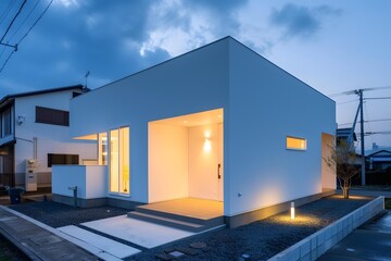 Naklejka premium Modern White House with Minimalist Design and a Small Front Yard in Japan