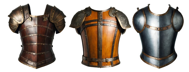 Three medieval cuirasses (chest armor) in different styles and finishes - blackened steel, leather with brass accents, and blue steel with brass accents. Perfect for historical reenactments, costume d