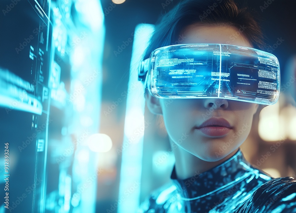 Poster a woman is wearing a virtual reality headset and looking at a computer screen. concept of futuristic