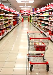 Shopping Cart in an Empty Supermarket Aisle