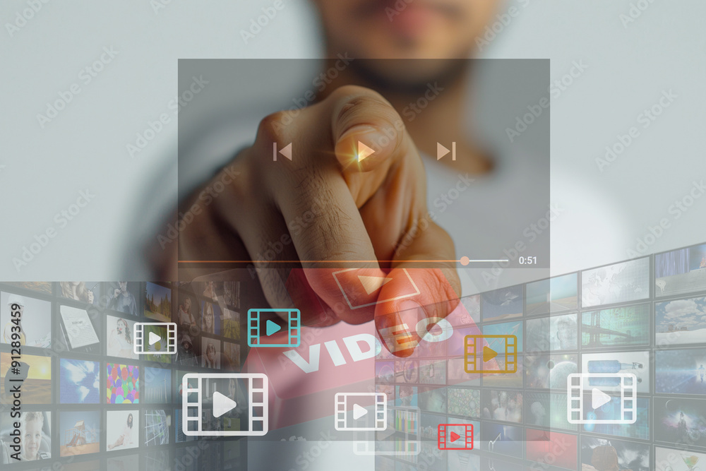 Poster a man is pointing at a screen with a red button that