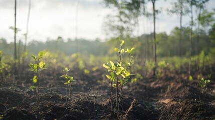 Small saplings emerge from rich soil in a forest clearing as the sun rises, illuminating the vibrant leaves and surrounding trees.